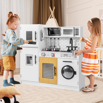 Two young children playing with the play kitchen set in a decorated nursery room
