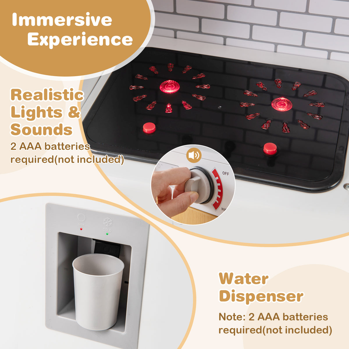 The play kitchen set hob with glowing red lights and a close-up of the water dispenser feature