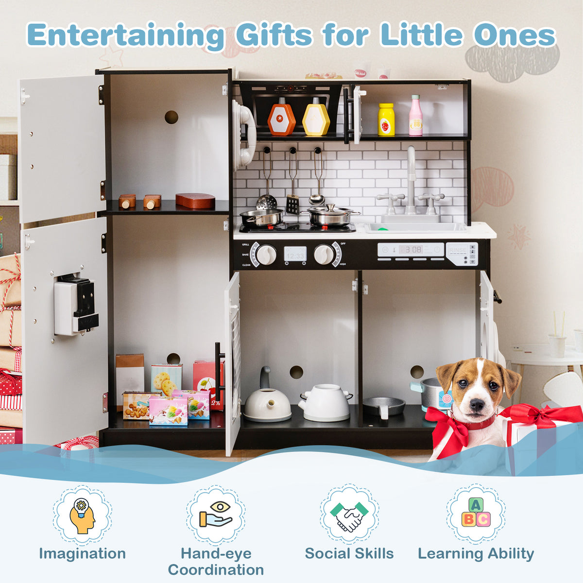 Inside of the play kitchen set showing accessories and storage