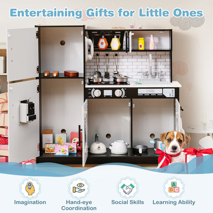 Inside of the play kitchen set showing accessories and storage