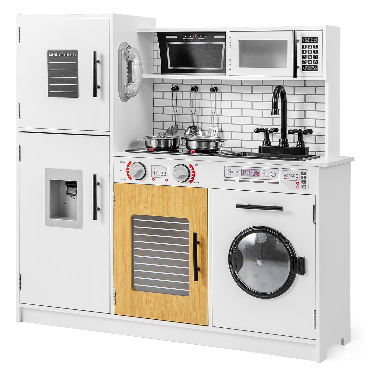 Play Kitchen Toy Set with oven and washing machine in a clean white finish against a white background