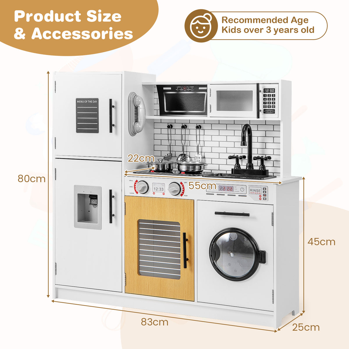 The play kitchen set showing overall dimensions and height measurements in centimetres