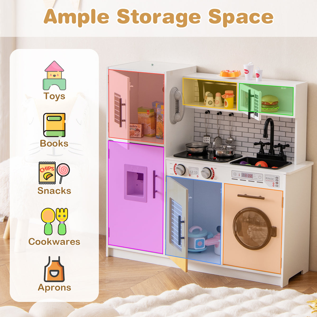 The play kitchen set with doors open showing storage space for toys, books and kitchen accessories