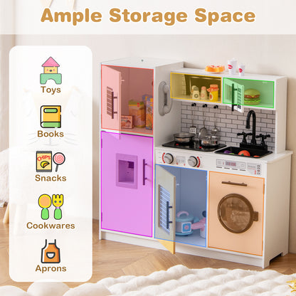 The play kitchen set with doors open showing storage space for toys, books and kitchen accessories