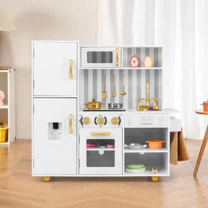White play kitchen set with golden handles and accessories