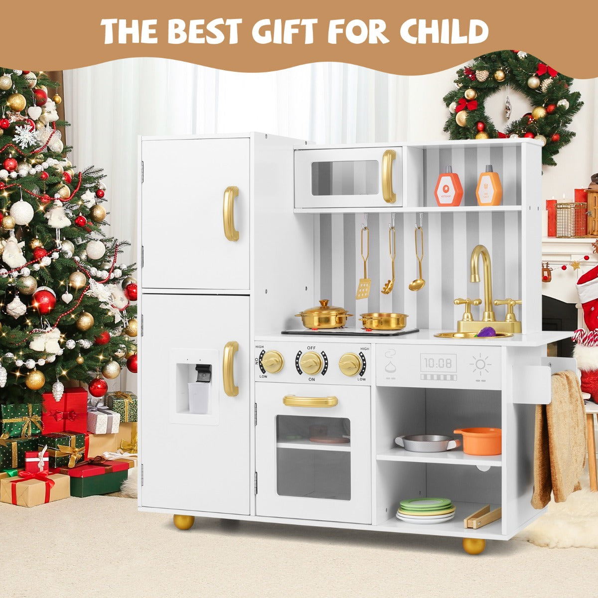 Play kitchen set in a festive room with Christmas tree and presents