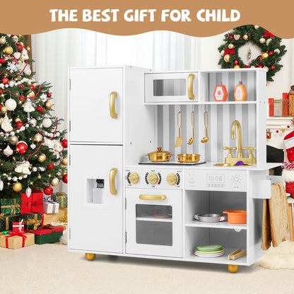 Play kitchen set in a festive room with Christmas tree and presents