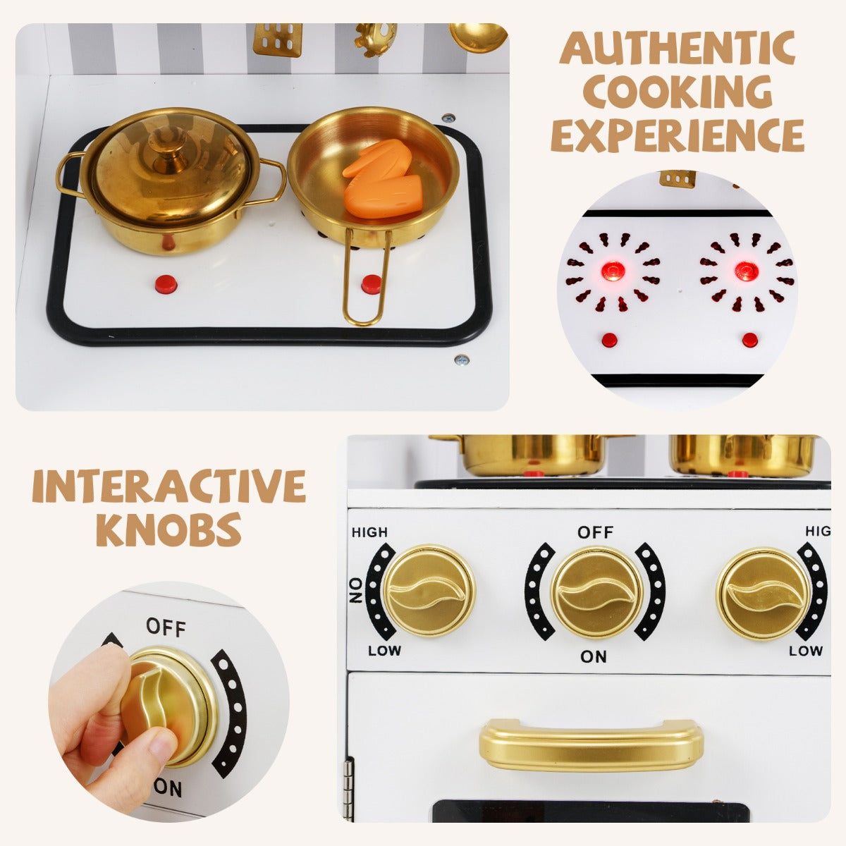 Close up of the play kitchen set showing interactive knobs and hob lights