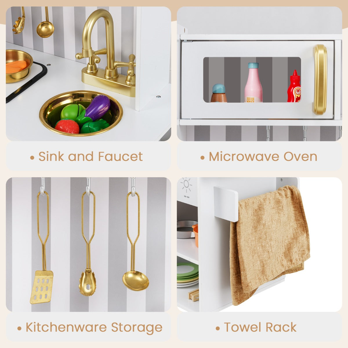 Details of the play kitchen set including sink, microwave and storage