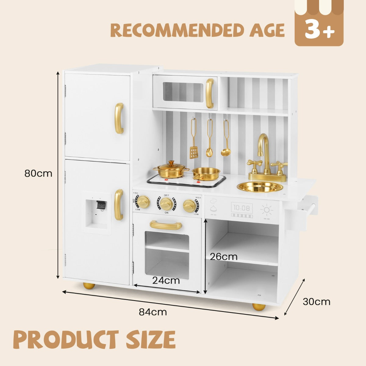 The play kitchen set shows dimensions with height, width and depth marked