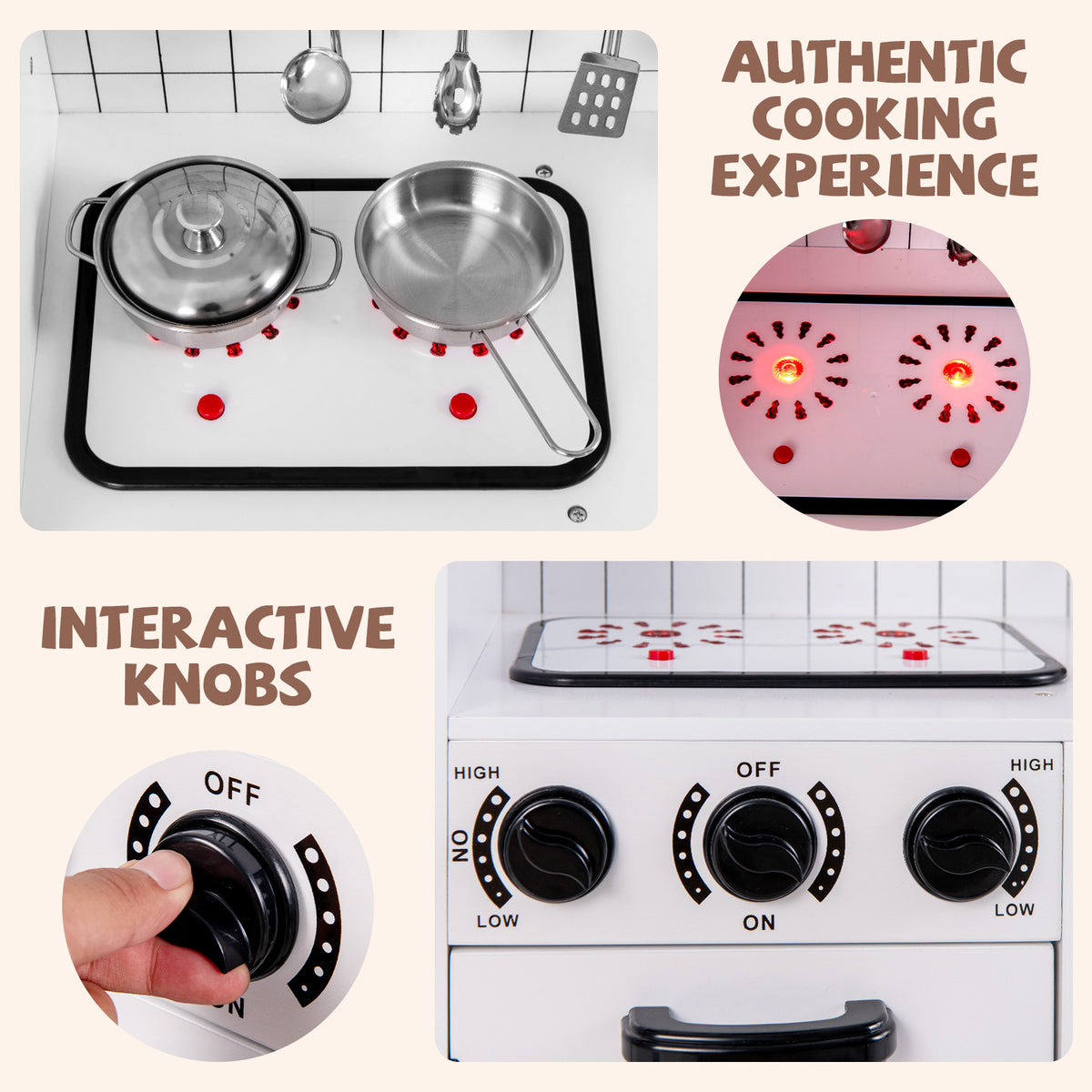 The toy kitchen stove top with glowing lights and a hand turning the interactive control knobs