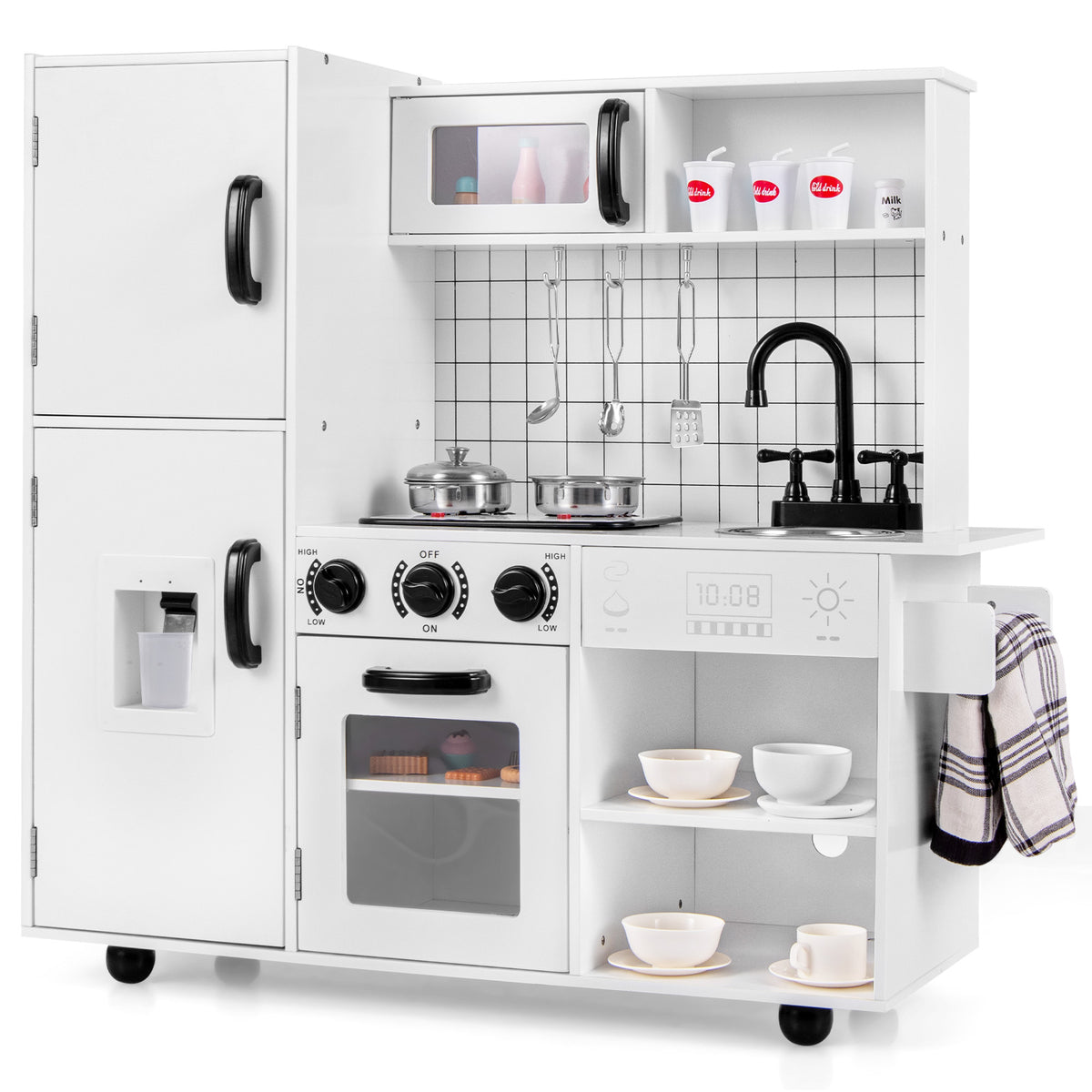Play Kitchen Toy Set with white finish, oven, sink, and various toy accessories on a white background