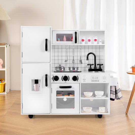 The white toy kitchen unit standing on a wooden floor in a bright room with a white curtain