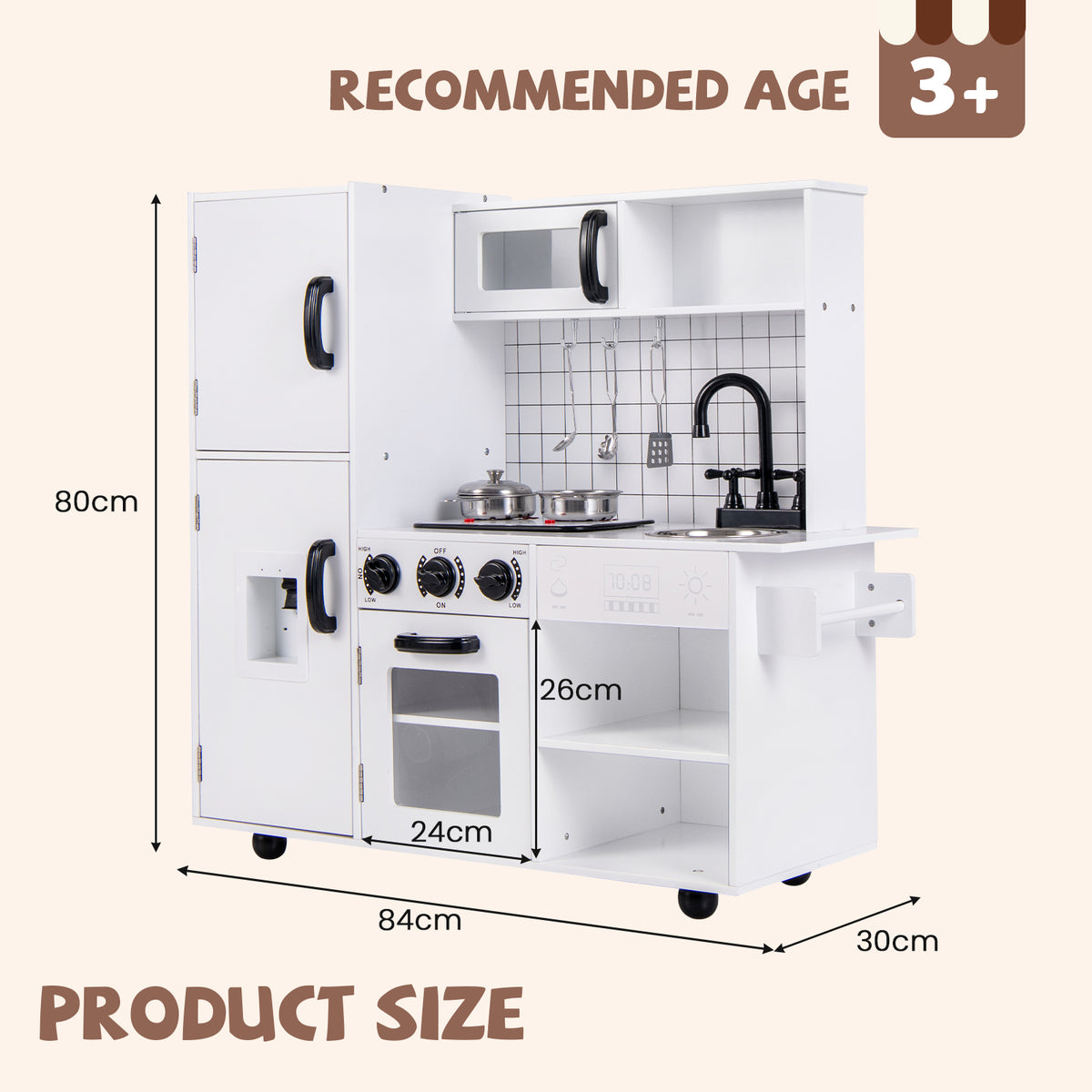 The toy kitchen set with arrows and labels showing the height, width, and depth dimensions