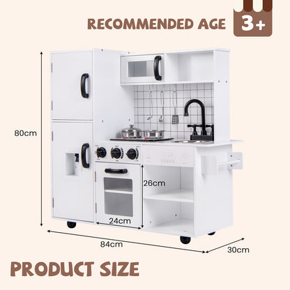 The toy kitchen set with arrows and labels showing the height, width, and depth dimensions