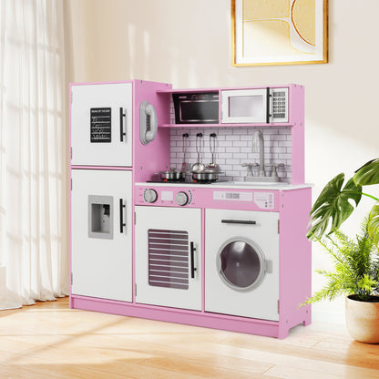 The play kitchen set standing in a sunlit room next to a large green plant