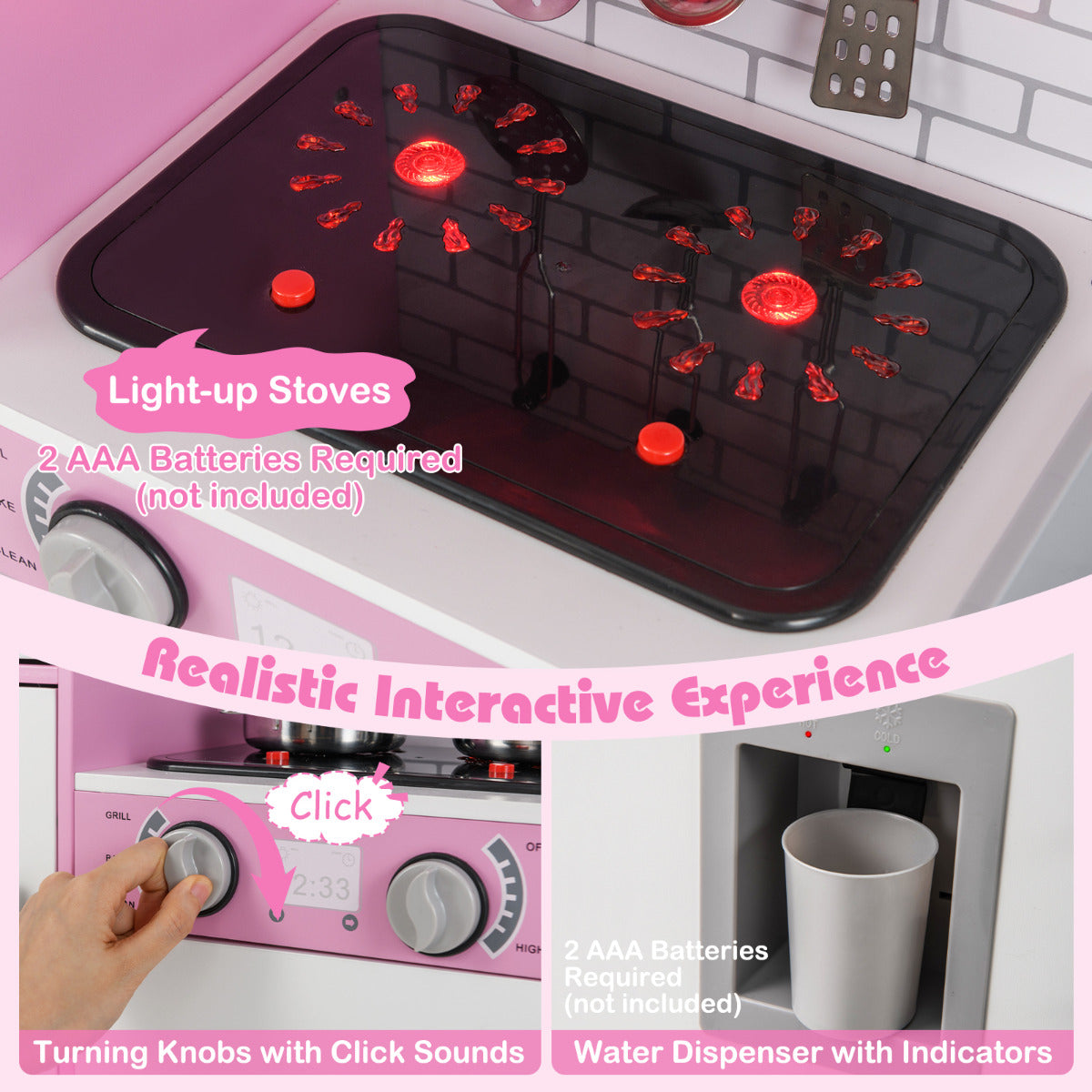 The play kitchen set showing light-up stoves, clicking knobs and a water dispenser