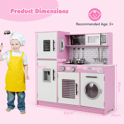 The play kitchen set shown with dimension labels and a child in a chef outfit