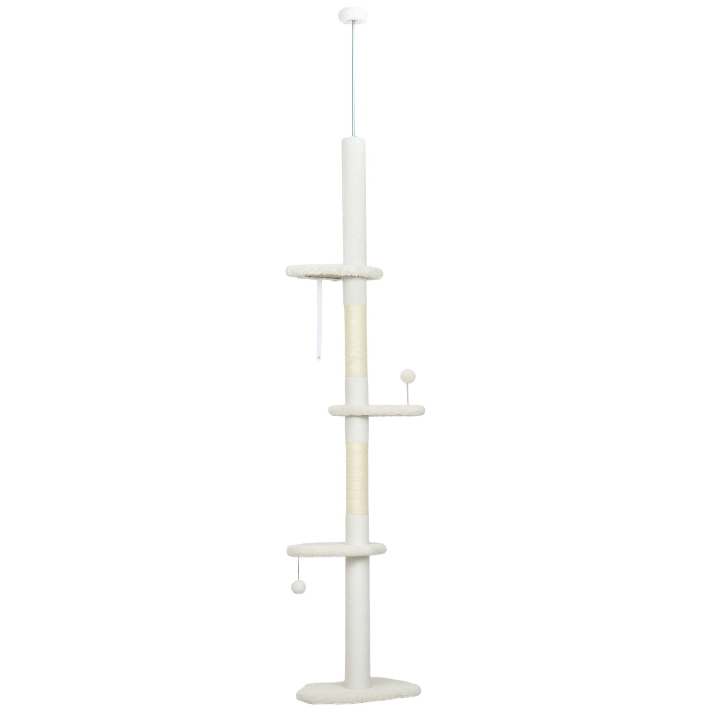PawHut 225-255 cm Adjustable Cat Climbing Tower with Sisal Scratching Posts, 2 Hanging Play Balls and Anti-Tip Strap, Beige