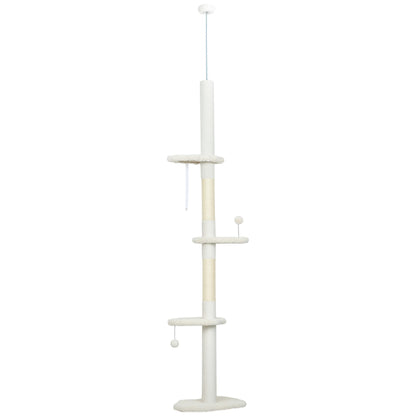 PawHut 225-255 cm Adjustable Cat Climbing Tower with Sisal Scratching Posts, 2 Hanging Play Balls and Anti-Tip Strap, Beige