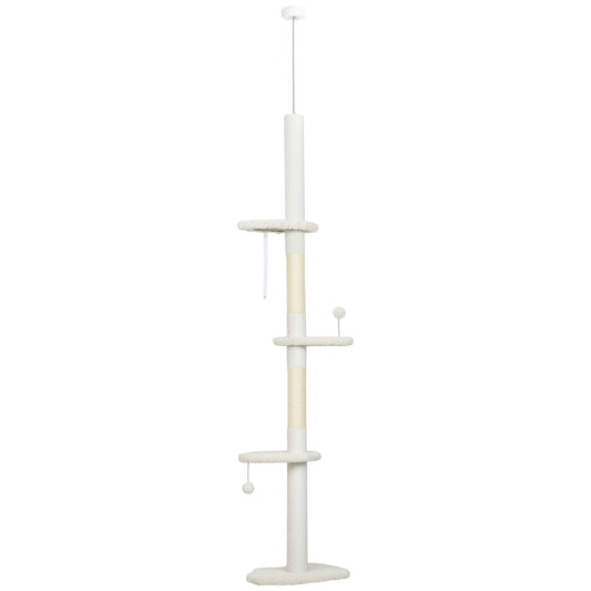 PawHut 225-255 cm Adjustable Cat Climbing Tower with Sisal Scratching Posts, 2 Hanging Play Balls and Anti-Tip Strap, Beige