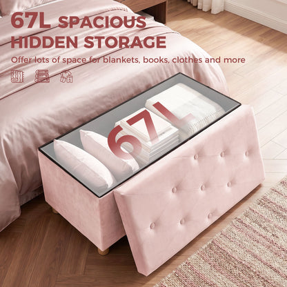 HOMCOM Velvet Upholstered Foldable Ottoman Footrest, Storage Ottoman Bench with Wood Legs for Living Room, Pink