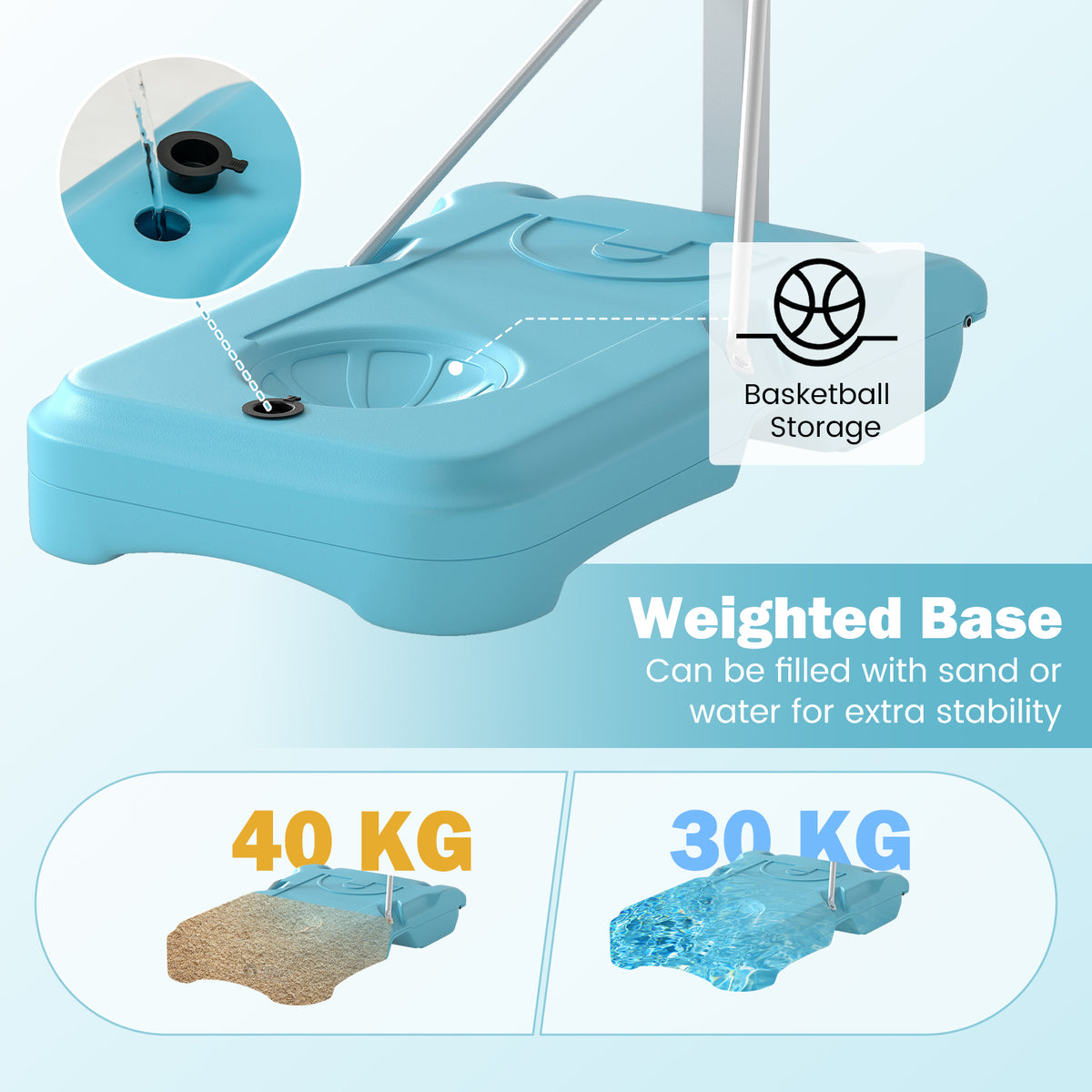 The weighted base of the basketball hoop, showing storage and filling options