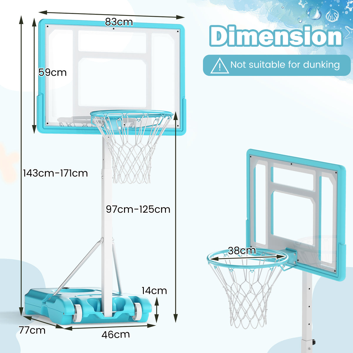 The poolside basketball goal with dimensions shown