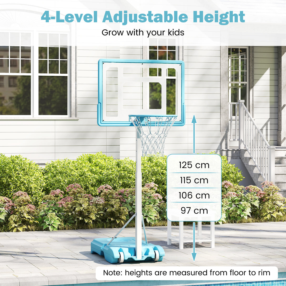 Adjustable height settings for the pool basketball hoop
