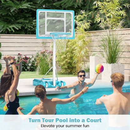 People enjoying a game of basketball by the pool with the hoop