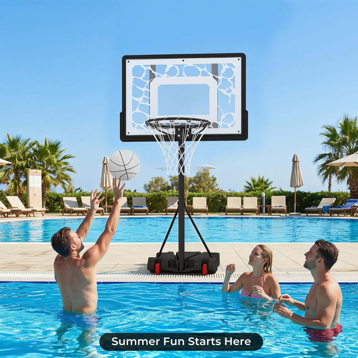 People playing basketball in a swimming pool on a sunny day