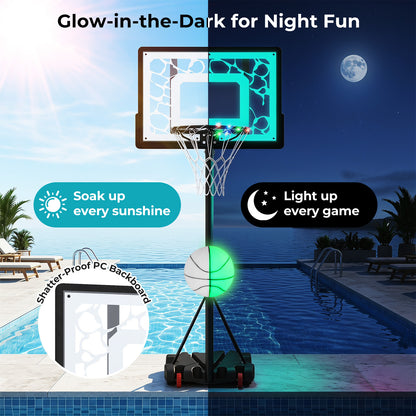 The basketball hoop showing its LED lights and shatter-proof backboard