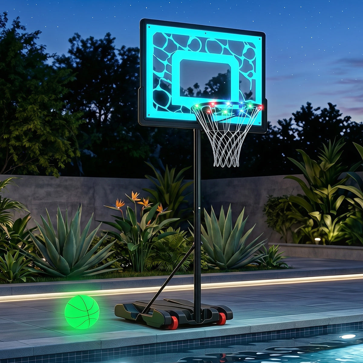 The illuminated swimming pool basketball hoop at night by the water