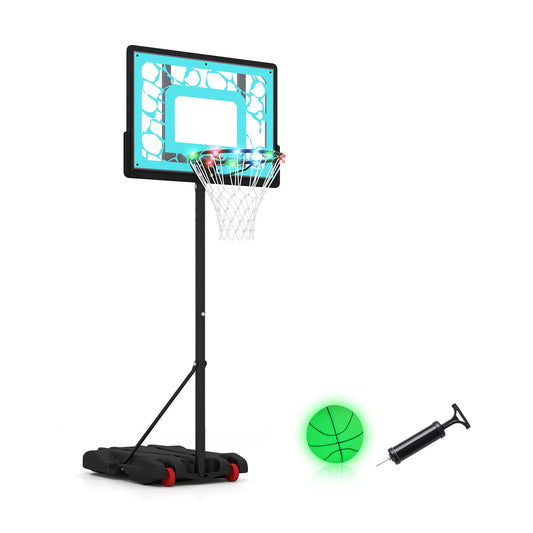 Pool Basketball Hoop with LED lights and a green basketball with pump
