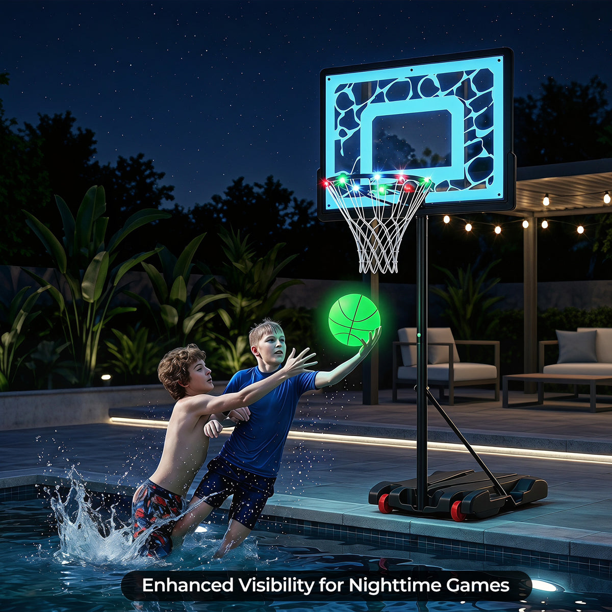 Two boys playing with the glowing basketball hoop in a swimming pool at night