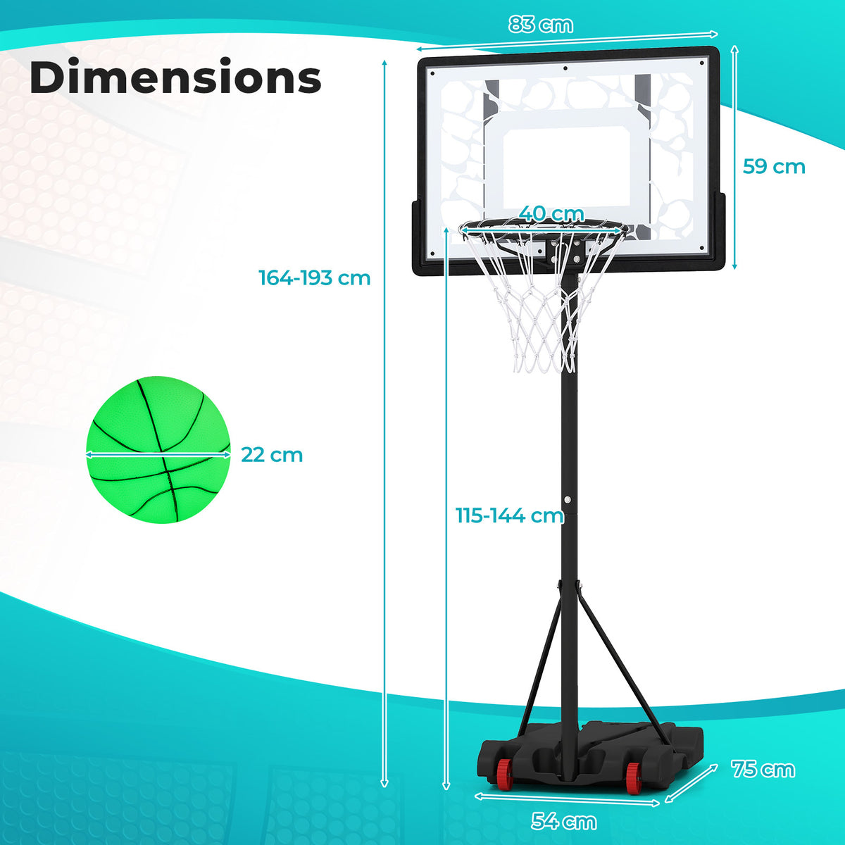 Dimensions diagram of the adjustable height swimming pool basketball hoop