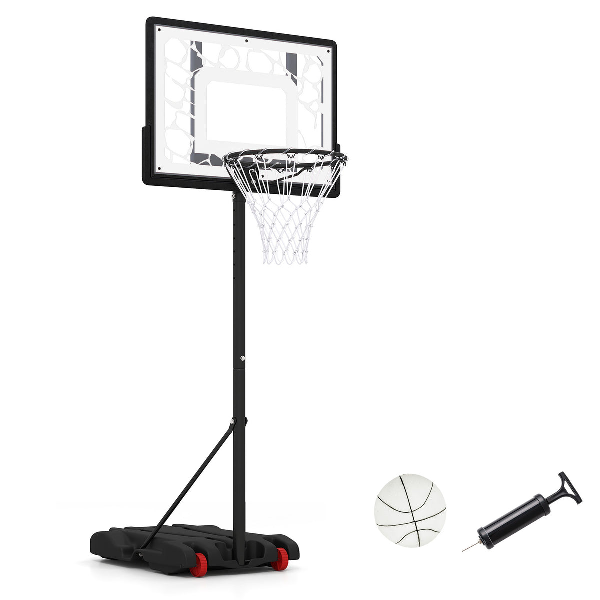The basketball hoop with a white basketball and pump on a white background