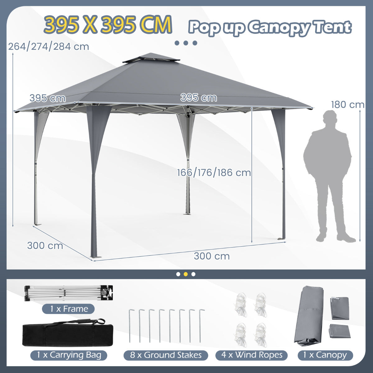 395 x 395 cm Pop up Canopy Tent with Vented Top and 8 Drainage Holes-Grey