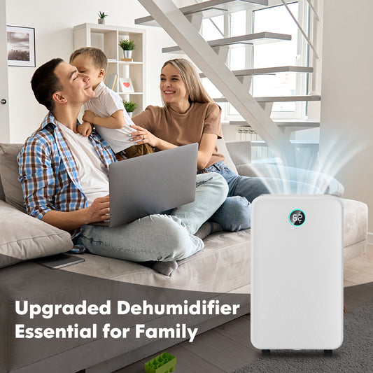 A family relaxing in a living room with the white dehumidifier running
