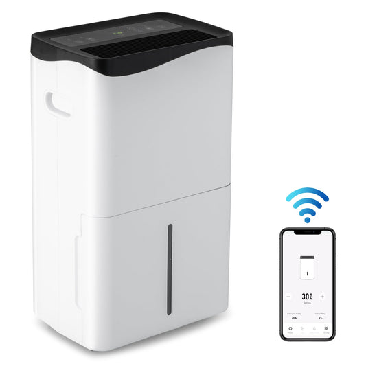 Portable 50L/Day Dehumidifier showing the unit and a smartphone displaying app controls
