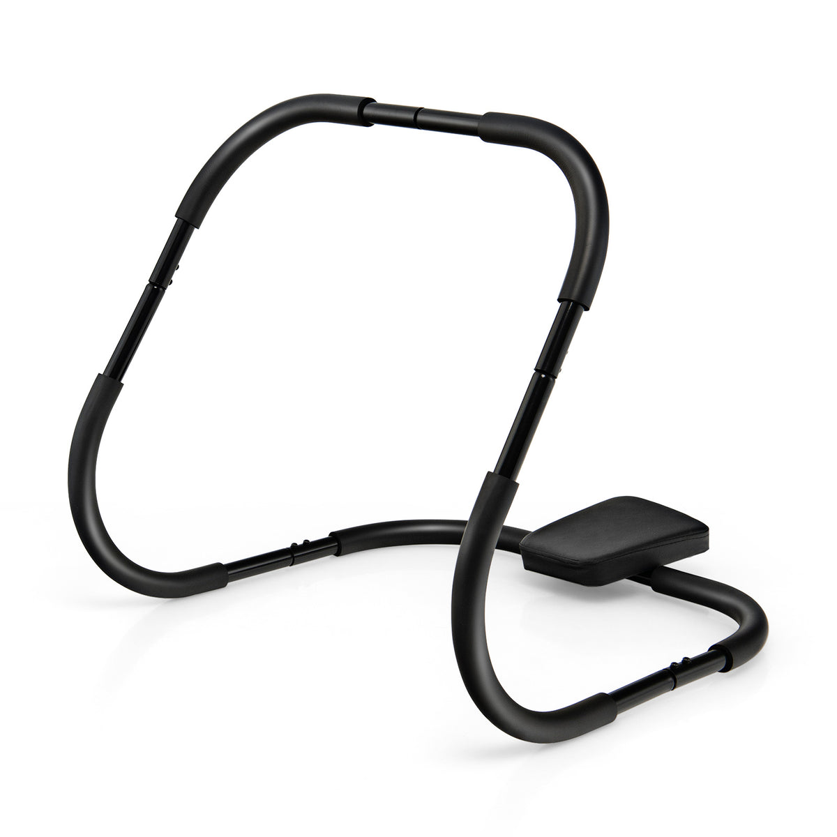 Portable AB Trainer with Padded Headrest, a black exercise machine with curved bars and a padded headrest