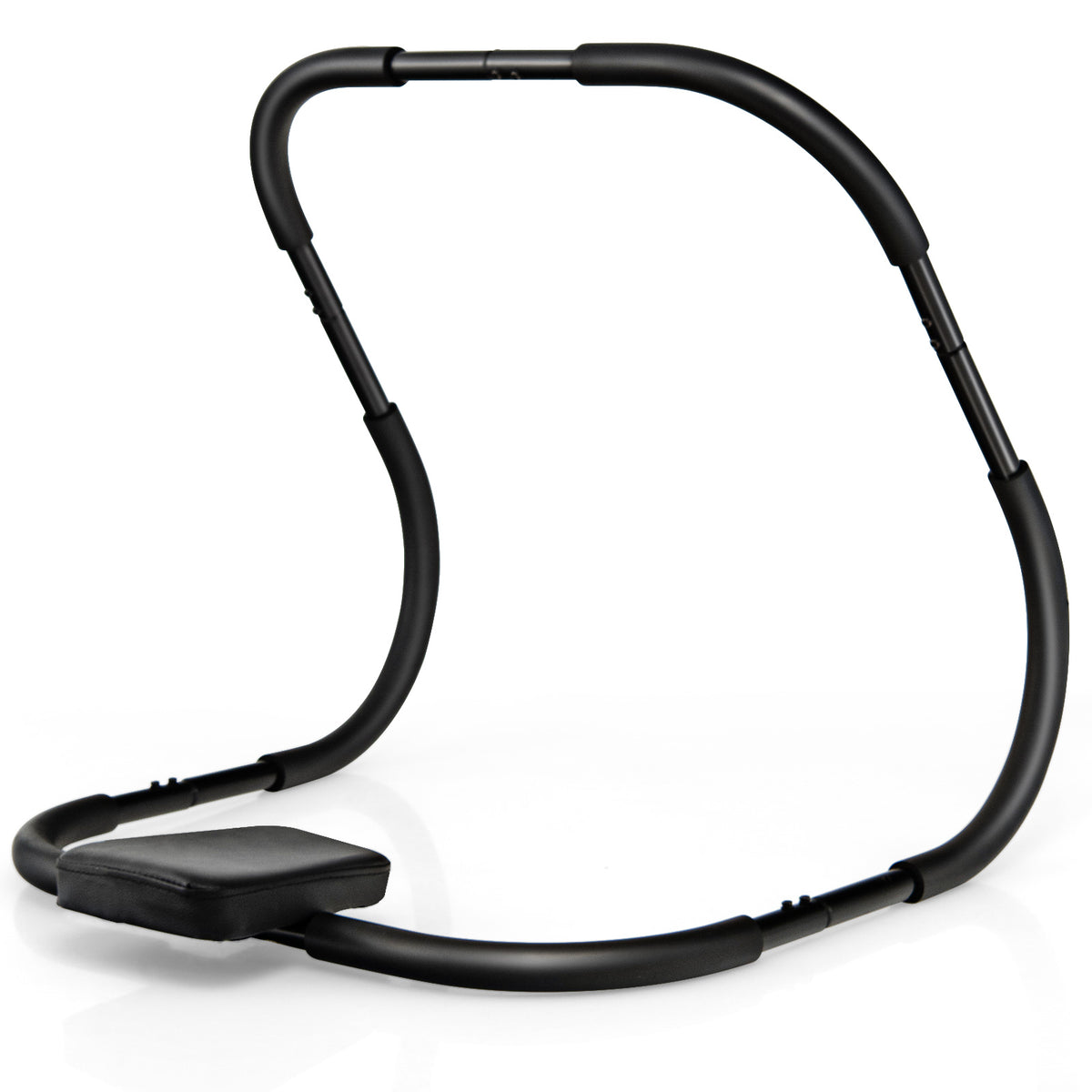 Side view of the portable AB trainer with padded headrest, showing its curved frame and padded seat