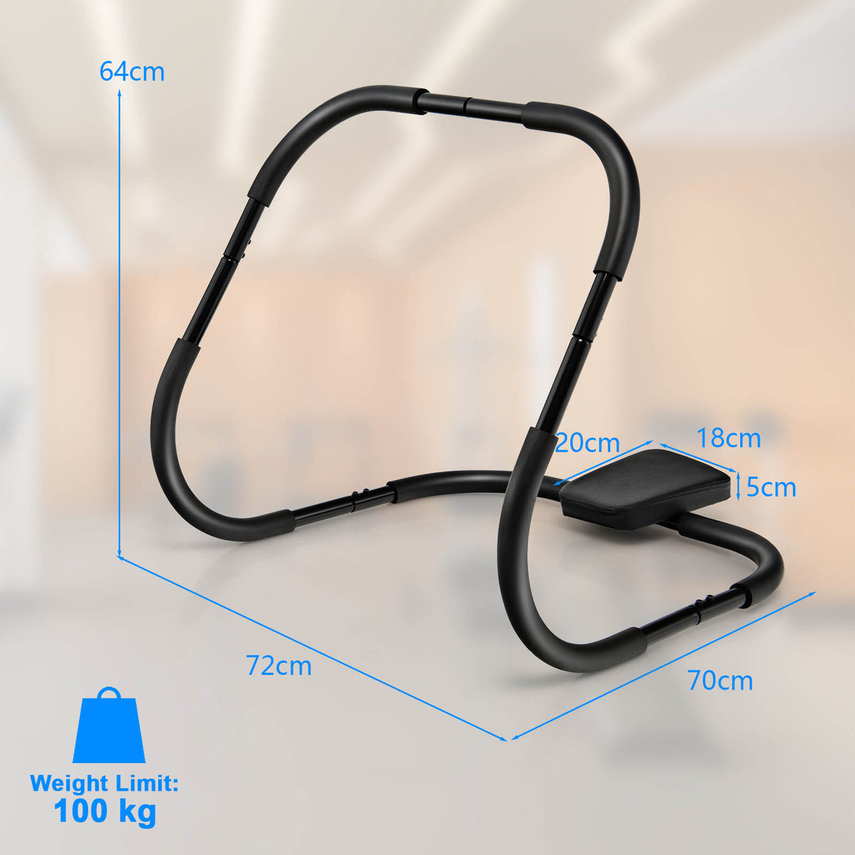 Dimensions of the portable AB trainer with padded headrest, showing length, width and height