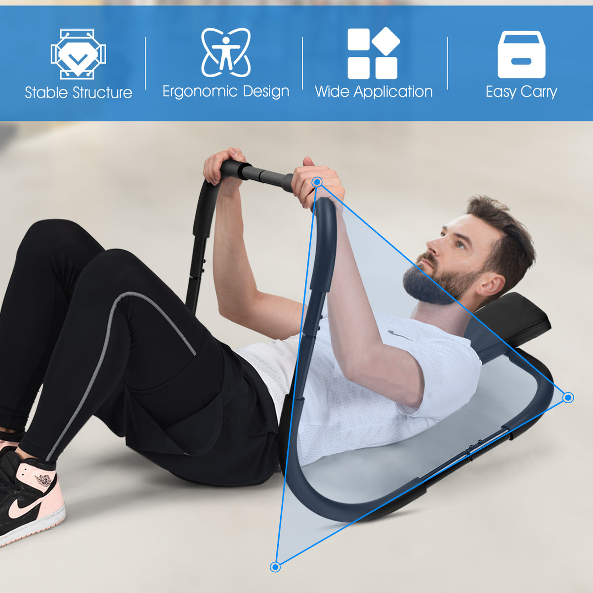 Man demonstrating the use of the portable AB trainer with padded headrest, highlighting its features