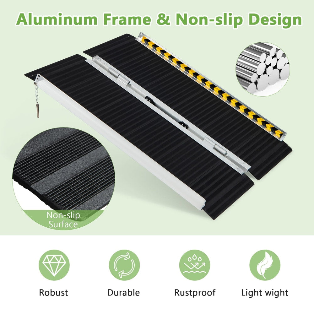 Close up of the portable aluminum wheelchair ramp highlighting its non-slip surface and aluminum frame