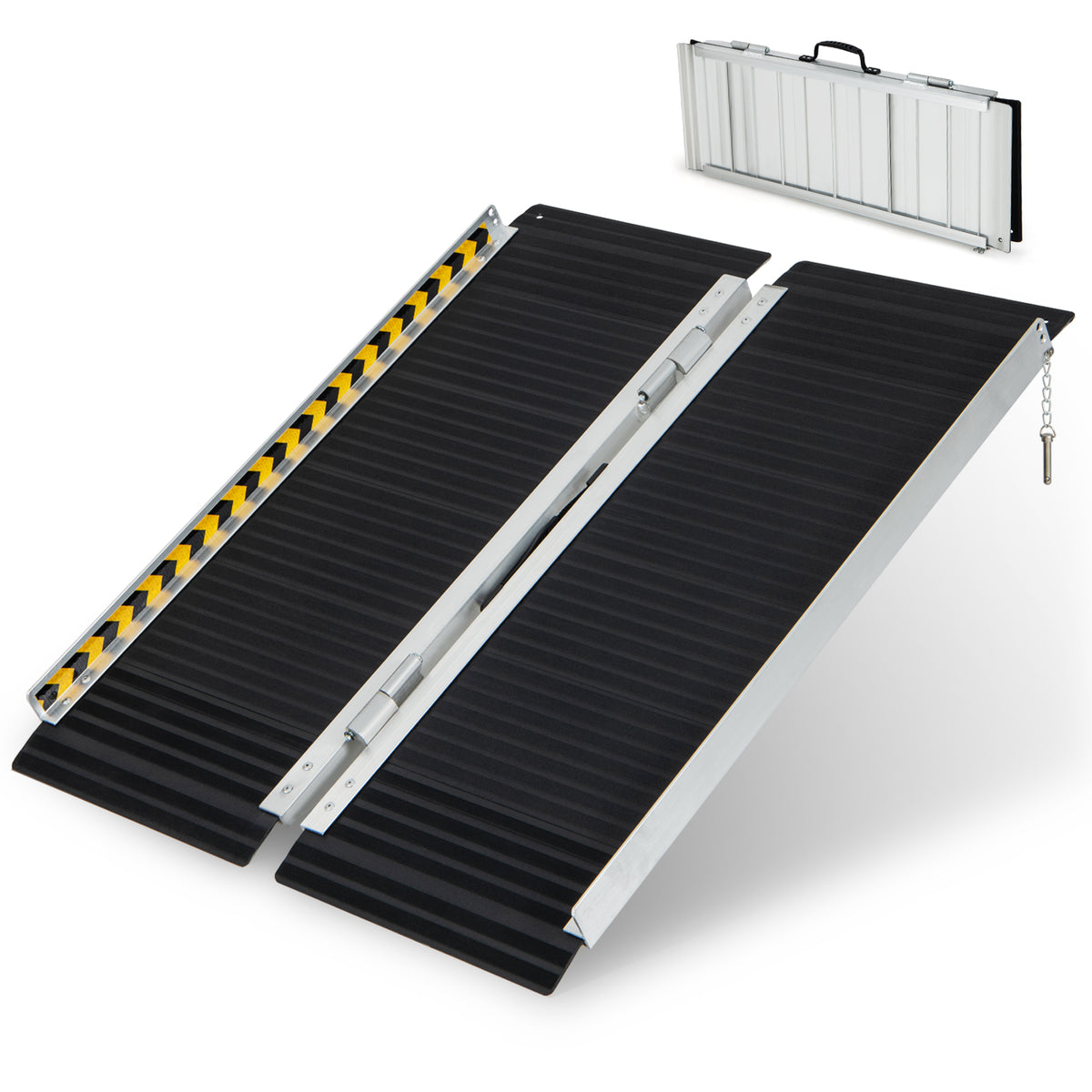 The portable aluminum wheelchair ramp folded with a handle for carrying