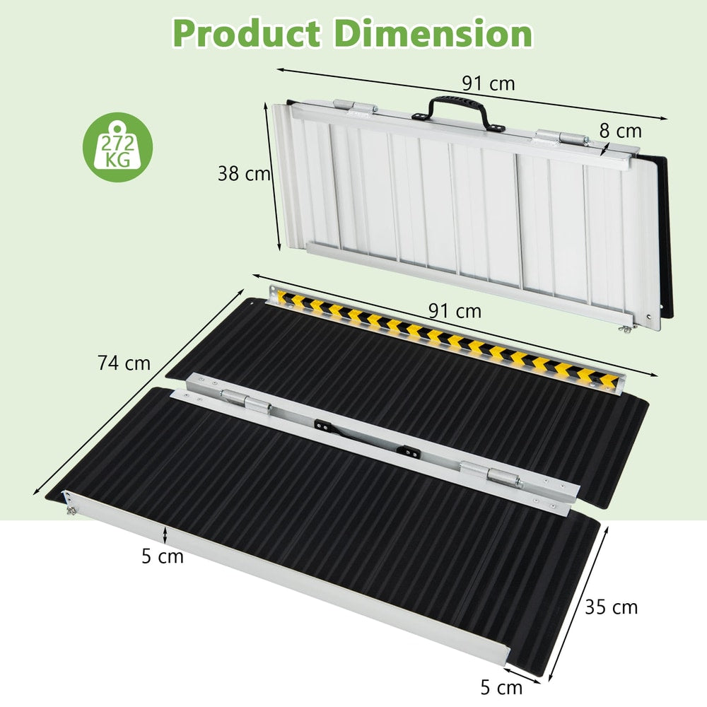 Dimension diagram of the portable aluminum wheelchair ramp showing length, width and height measurements