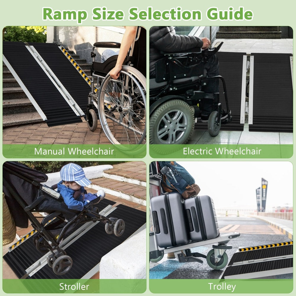 Collage showing the portable aluminum wheelchair ramp used with a stroller, manual wheelchair, power wheelchair and trolley