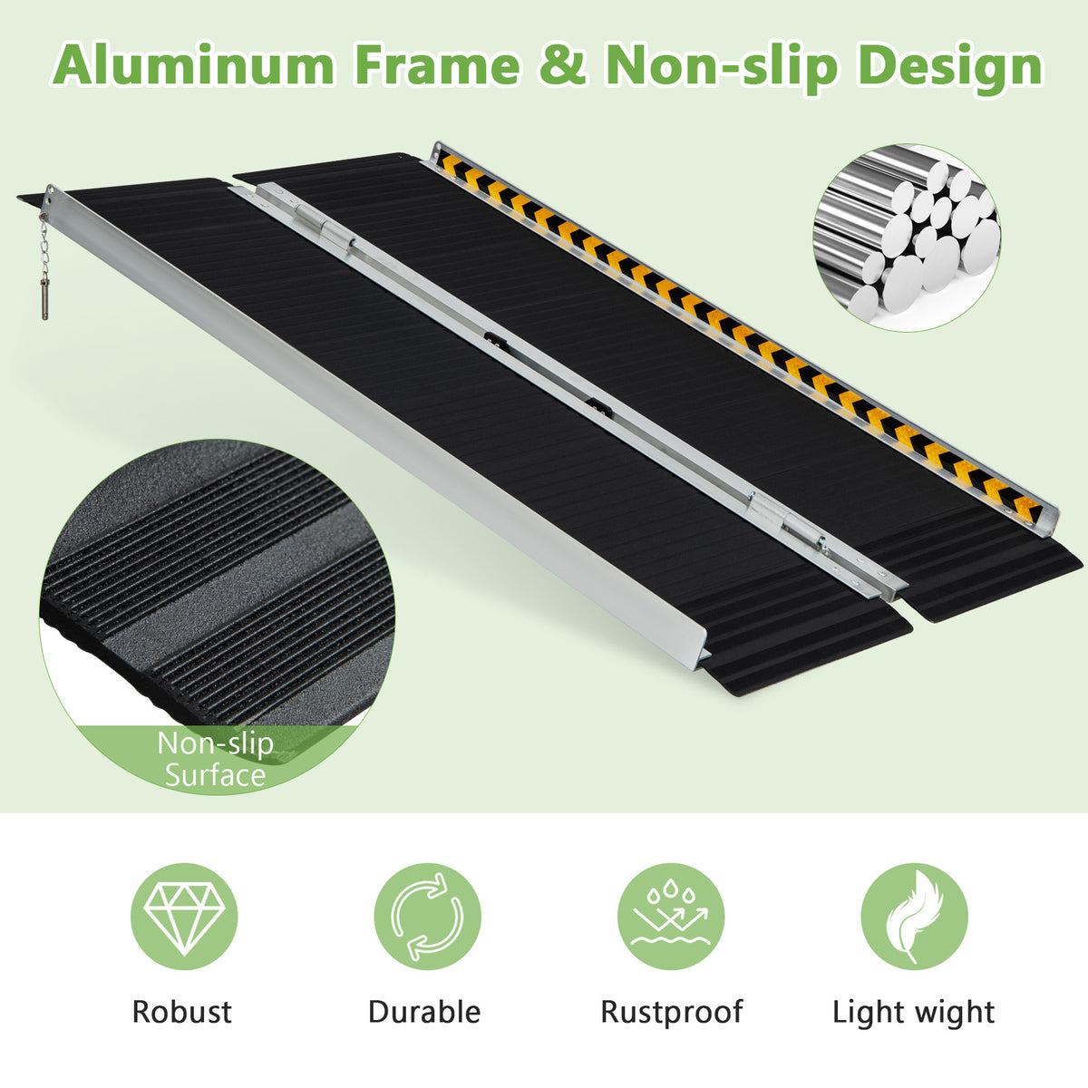Close up of the portable aluminum wheelchair ramp showing its non-slip surface