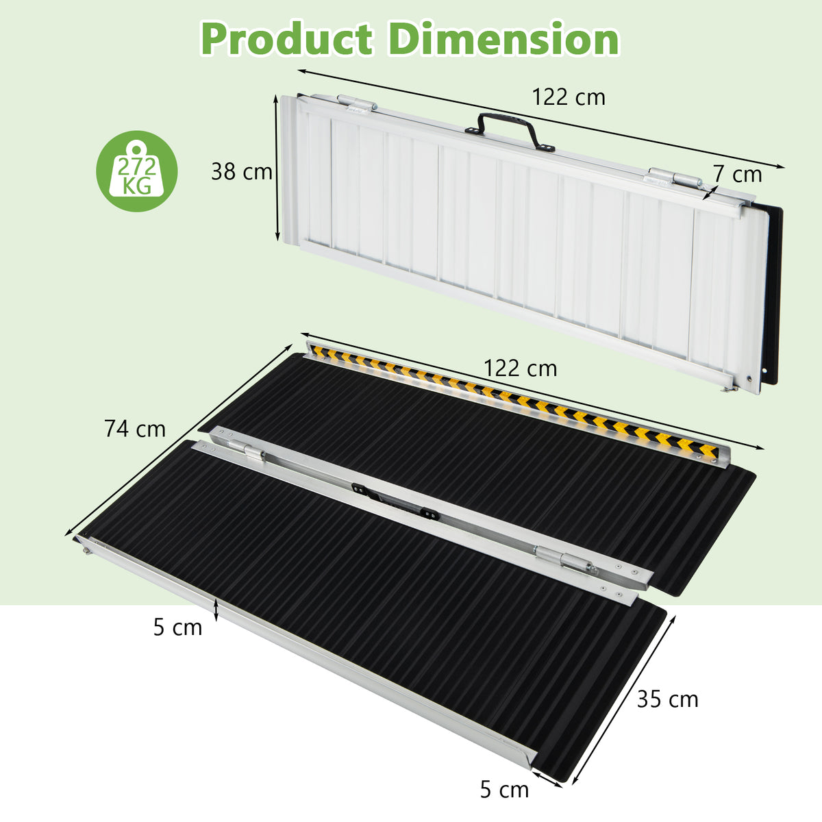 Diagram showing the dimensions of the portable aluminum wheelchair ramp